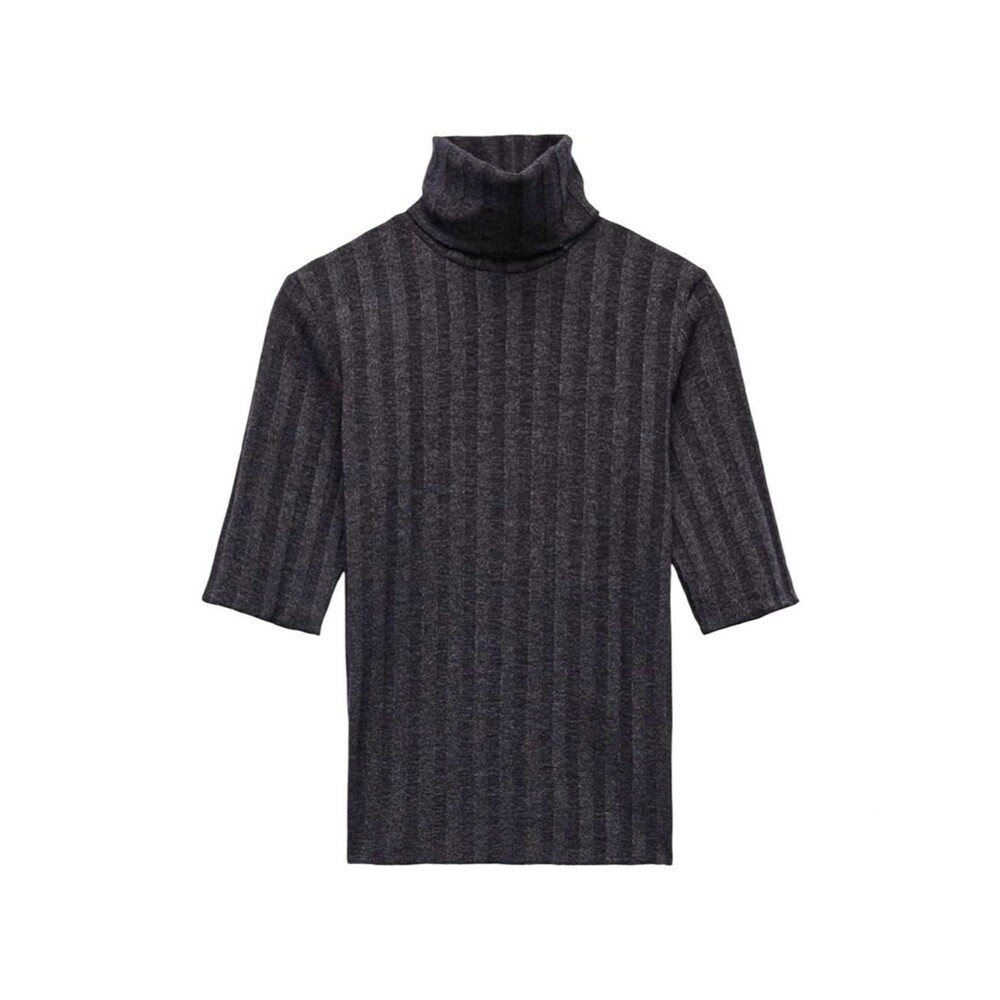 ZARA Ribbed Turtleneck Top Medium Gray Black Fitted Knit Minimalist Chic